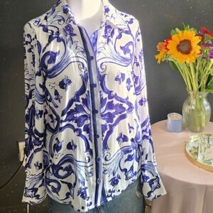 Rachel Zoe Blue & White Scroll Print Blouse – XS
